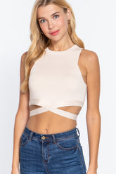 Sleeveless Crew Neck Waist Tie Crop Sweater Top
